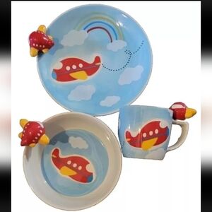 Pasabahce AIRPLANE 3 Pc Childs Baby Dinnerware Set Ceramic 3D Detail Plate Bowl